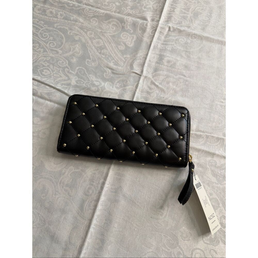 NWT Chico’s Black Leather Quilted Stud Wallet New